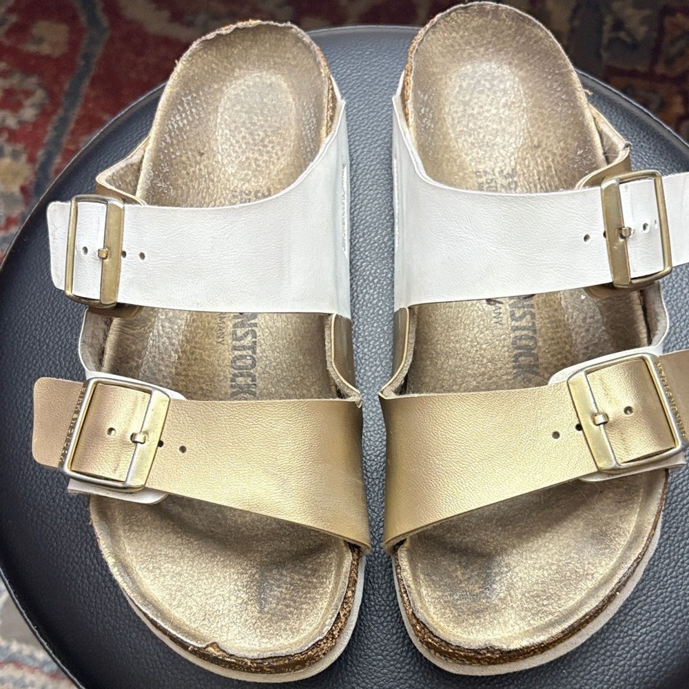 White and Gold Double Strap Sandals - Picture 2 of 10